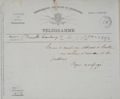 Télégramme de Félicien Rops à Edmond Picard. Bruxelles, 1881/08/26. Bruxelles, Archives et Musée de la Littérature, ML/00631/0074