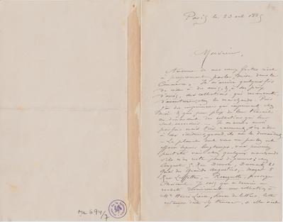 Lettre de Félicien Rops à Inconnu. Paris, 1885/10/23. Bruxelles, Archives et Musée de la Littérature, ML/00694/0007