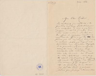 Lettre de Félicien Rops à [Georges] Ritter. [Bièvres], 1884/05/00. Bruxelles, Archives et Musée de la Littérature, ML/00695/0001