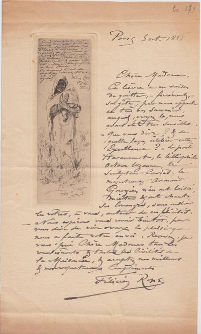 Lettre avec épreuve de Félicien Rops à Inconnue. Paris, 1888/10/05. Bruxelles, Archives et Musée de la Littérature, ML/00784/0008