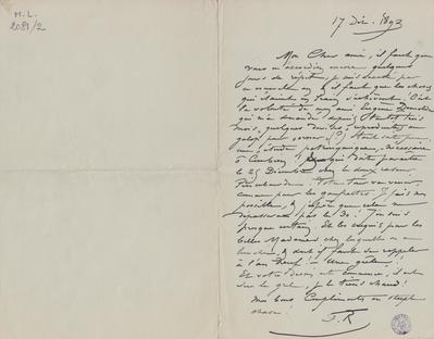 Lettre de Félicien Rops à [Jean de] [Tinan]. s.l., 1893/12/17. Bruxelles, Archives et Musée de la Littérature, ML/02081/0002