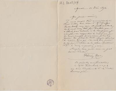 Lettre de Félicien Rops à [Georges] [Rodenbach]. [Paris], 1892/12/21. Bruxelles, Archives et Musée de la Littérature, ML/03018/0017