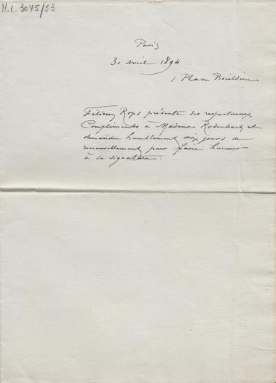 Lettre de Félicien Rops à [Anna] Rodenbach. Paris, 1894/04/30. Bruxelles, Archives et Musée de la Littérature, ML/03045/0053