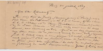 Lettre de Félicien Rops à [Georges] Rodenbach. Paris, 1889/07/23. Bruxelles, Archives et Musée de la Littérature, ML/03045/0054