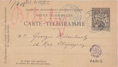 Carte-télégramme de Félicien Rops à Georges Rodenbach. Paris, 1890/03/01. Bruxelles, Archives et Musée de la Littérature, ML/03045/0055