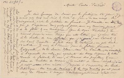 Lettre de Félicien Rops à [Léon?] [Dommartin?]. Monaco, 0000/00/00. Bruxelles, Archives et Musée de la Littérature, ML/03091/0001