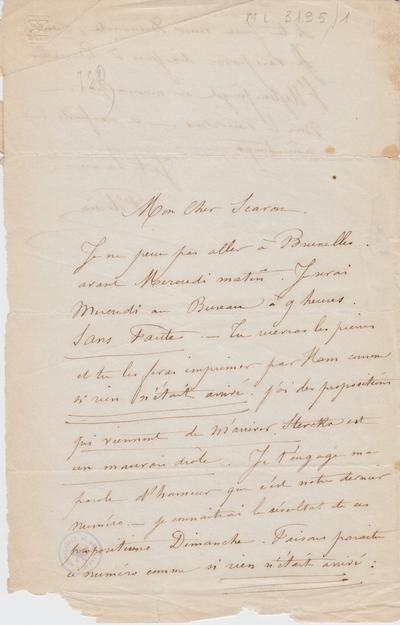 Lettre de Félicien Rops à [Ernest] Scaron. s.l., 1856/00/00. Bruxelles, Archives et Musée de la Littérature, ML/03195/0001