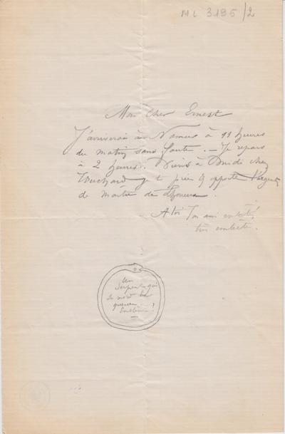 Lettre de Félicien Rops à Ernest [Scaron]. s.l., 0000/00/00. Bruxelles, Archives et Musée de la Littérature, ML/03195/0002