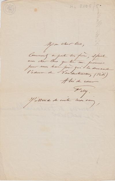 Lettre de Félicien Rops à [Victor] Coco [Hallaux]. s.l., 1862/02/20. Bruxelles, Archives et Musée de la Littérature, ML/03195/0005