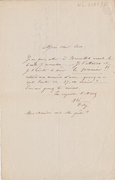 Lettre de Félicien Rops à [Victor] Coco [Hallaux]. s.l., 0000/00/00. Bruxelles, Archives et Musée de la Littérature, ML/03195/0007