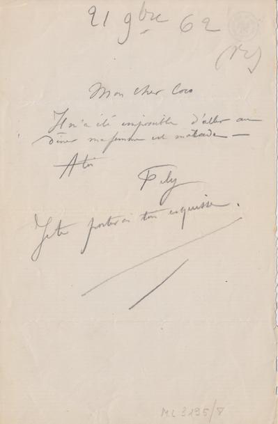 Lettre de Félicien Rops à [Victor] Coco [Hallaux]. s.l., 1862/11/21. Bruxelles, Archives et Musée de la Littérature, ML/03195/0008