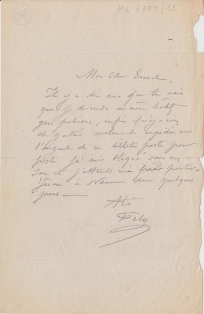 Lettre de Félicien Rops à Ernest [Scaron]. Paris, 0000/00/00. Bruxelles, Archives et Musée de la Littérature, ML/03195/0013