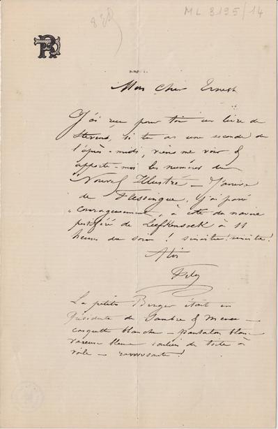 Lettre de Félicien Rops à Ernest [Scaron]. s.l., 0000/00/00. Bruxelles, Archives et Musée de la Littérature, ML/03195/0014