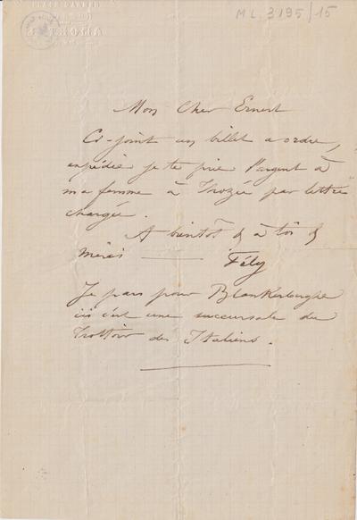 Lettre de Félicien Rops à Ernest [Scaron]. [Ostende], 0000/00/00. Bruxelles, Archives et Musée de la Littérature, ML/03195/0015