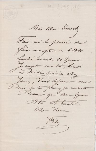 Lettre de Félicien Rops à Ernest [Scaron]. s.l., 0000/00/00. Bruxelles, Archives et Musée de la Littérature, ML/03195/0016