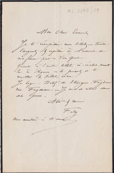 Lettre de Félicien Rops à Ernest [Scaron]. Paris, 0000/00/00. Bruxelles, Archives et Musée de la Littérature, ML/03195/0019