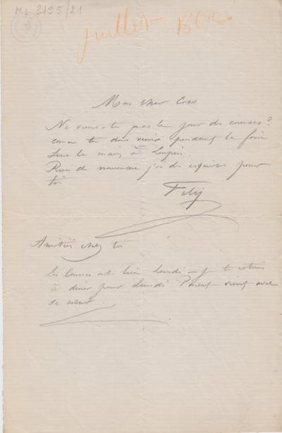 Lettre de Félicien Rops à [Victor] Coco [Hallaux]. s.l., 1862/07/00. Bruxelles, Archives et Musée de la Littérature, ML/03195/0021