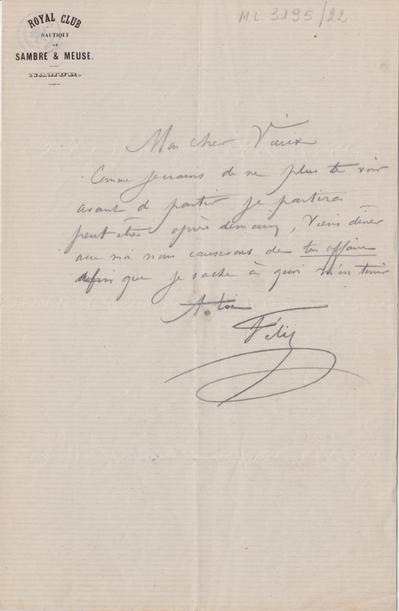 Lettre de Félicien Rops à Inconnu. s.l., 0000/00/00. Bruxelles, Archives et Musée de la Littérature, ML/03195/0022