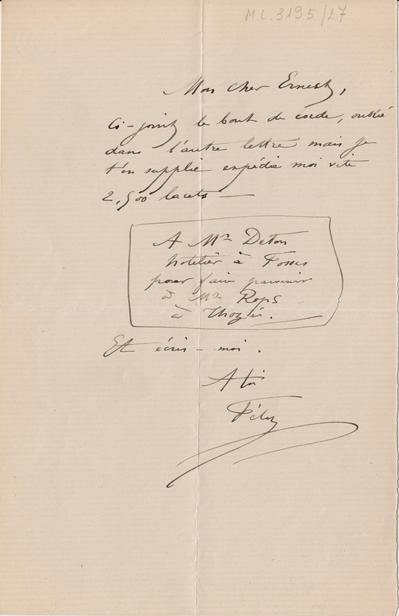 Lettre de Félicien Rops à Ernest [Scaron]. [Mettet], 1867/09/19. Bruxelles, Archives et Musée de la Littérature, ML/03195/0027