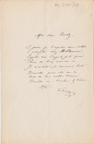 Lettre de Félicien Rops à Ernest [Scaron]. [Bruxelles], 0000/00/00. Bruxelles, Archives et Musée de la Littérature, ML/03195/0029