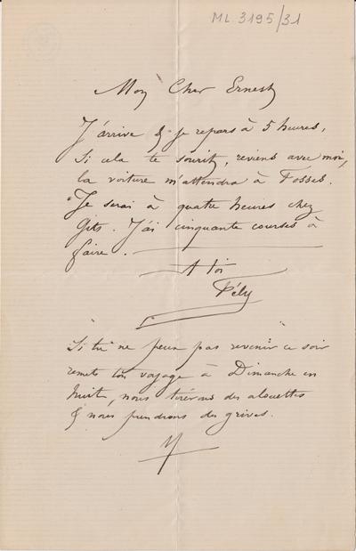 Lettre de Félicien Rops à Ernest [Scaron]. s.l., 0000/00/00. Bruxelles, Archives et Musée de la Littérature, ML/03195/0031