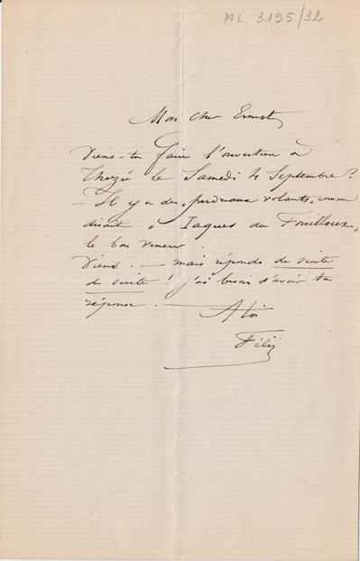 Lettre de Félicien Rops à Ernest [Scaron]. Mettet, 1869/08/25. Bruxelles, Archives et Musée de la Littérature, ML/03195/0032