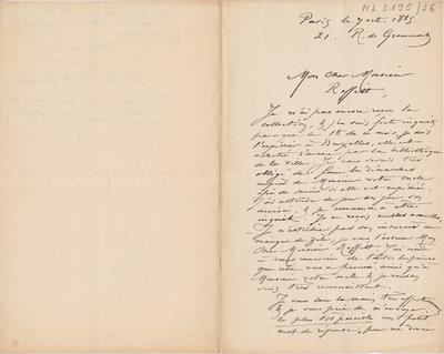 Lettre de Félicien Rops à [James] Reffitt[-Oldfield]. Paris, 1885/10/07. Bruxelles, Archives et Musée de la Littérature, ML/03195/0036