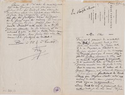 Lettre de Félicien Rops à [Maurice] [Bonvoisin]. [Paris], 1876/06/27. Bruxelles, Archives et Musée de la Littérature, ML/03270/0003