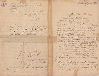 Lettre de Félicien Rops à [Maurice] Bonvoisin. [Paris], 1876/06/19. Bruxelles, Archives et Musée de la Littérature, ML/03270/0004