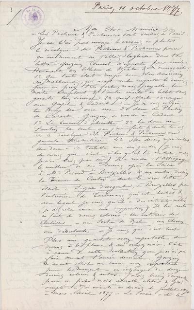 Lettre de Félicien Rops à Maurice [Bonvoisin]. [Paris], 1877/10/11. Bruxelles, Archives et Musée de la Littérature, ML/03270/0006