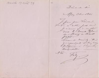 Lettre de Félicien Rops à Inconnu. [Munich], 1879/08/17. Bruxelles, Archives et Musée de la Littérature, ML/03270/0021