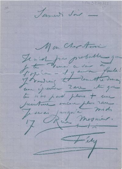 Lettre de Félicien Rops à Inconnu. Paris, 0000/00/00. Bruxelles, Archives et Musée de la Littérature, ML/03270/0025