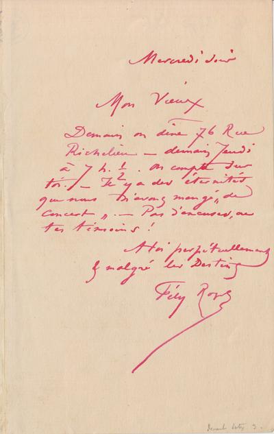 Lettre de Félicien Rops à Inconnu. [Paris], 0000/00/00. Bruxelles, Archives et Musée de la Littérature, ML/03270/0026