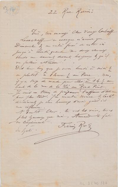 Lettre de Félicien Rops à Inconnu. Paris, 0000/00/00. Bruxelles, Archives et Musée de la Littérature, ML/03270/0027