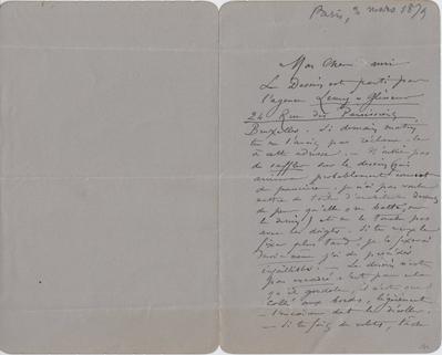 Lettre de Félicien Rops à [Maurice] [Bonvoisin]. [Paris], 1879/03/03. Bruxelles, Archives et Musée de la Littérature, ML/03270/0037