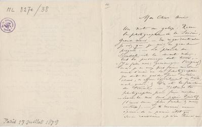 Lettre de Félicien Rops à [Maurice] [Bonvoisin]. [Paris], 1879/07/17. Bruxelles, Archives et Musée de la Littérature, ML/03270/0038