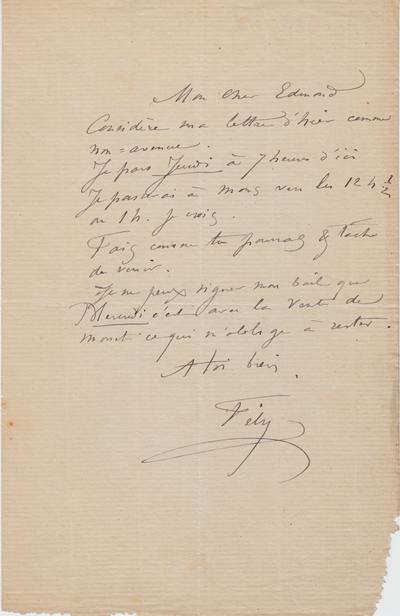 Lettre de Félicien Rops à Edmond [Carlier?]. [Paris], 0000/00/00. Bruxelles, Archives et Musée de la Littérature, ML/03270/0043