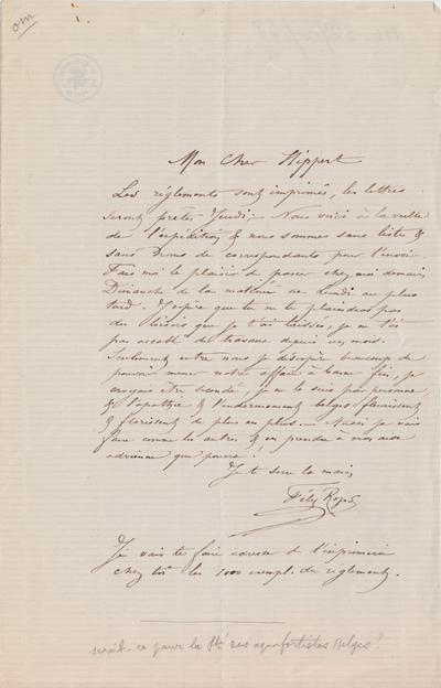 Lettre de Félicien Rops à [Théodore] Hippert. s.l., 0000/00/00. Bruxelles, Archives et Musée de la Littérature, ML/03270/0058