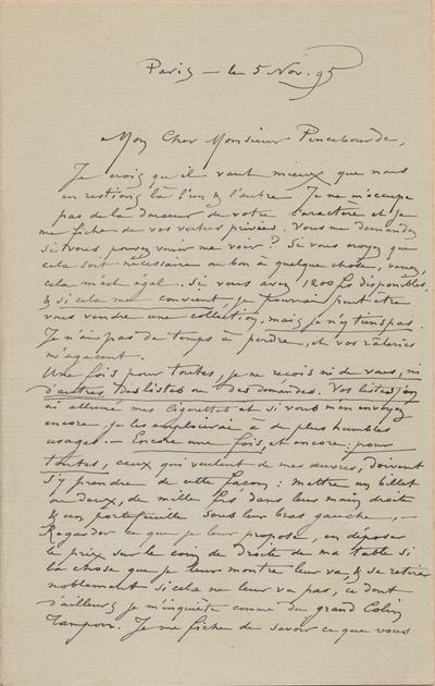 Lettre de Félicien Rops à [René] Pincebourde. Paris, 1895/11/05. Bruxelles, Archives et Musée de la Littérature, ML/03270/0063