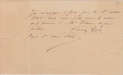 Reçu de Félicien Rops à [Alfred] [Delvau]. Paris, 1865/05/01. Bruxelles, Archives et Musée de la Littérature, ML/03270/0069