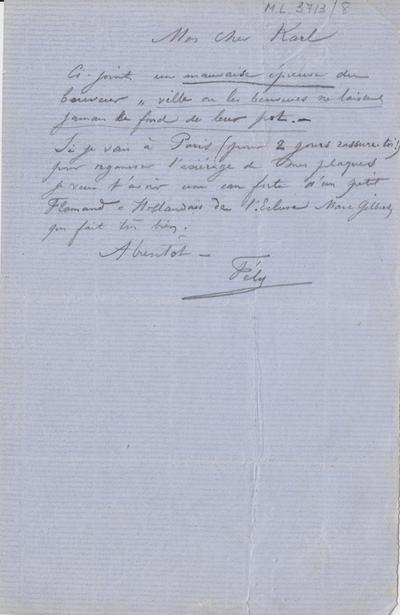 Lettre de Félicien Rops à Karl [Charles] [De Coster]. s.l., 1867/00/00. Bruxelles, Archives et Musée de la Littérature, ML/03713/0008