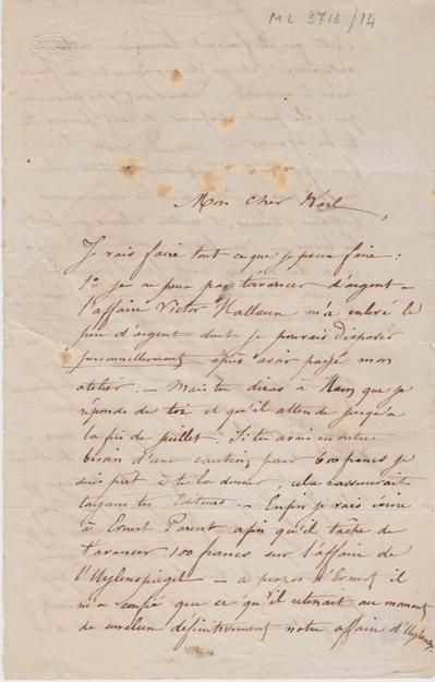 Lettre de Félicien Rops à Karl [Charles] [De Coster]. s.l., 1858/00/00. Bruxelles, Archives et Musée de la Littérature, ML/03713/0014