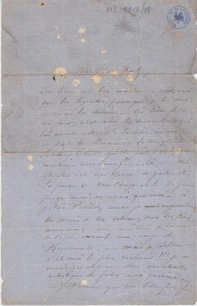 Lettre de Félicien Rops à Karl [Charles] [De Coster]. s.l., 1861/00/00. Bruxelles, Archives et Musée de la Littérature, ML/03713/0015