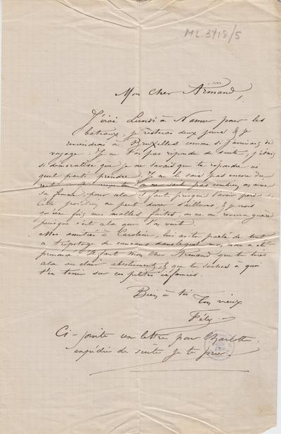 Lettre de Félicien Rops à Armand [Dandoy]. s.l., 0000/00/00. Bruxelles, Archives et Musée de la Littérature, ML/03718/0005