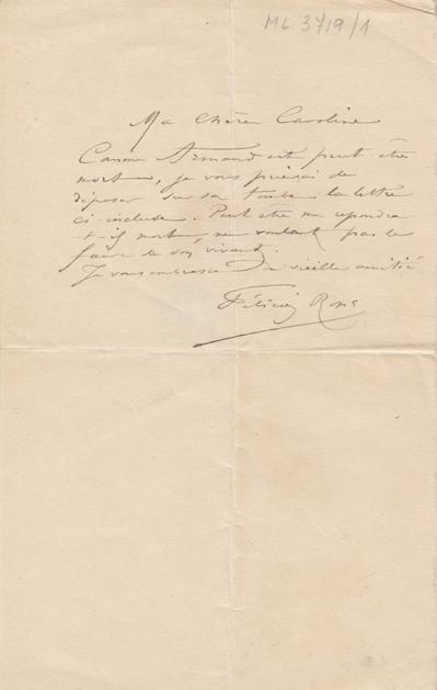 Lettre de Félicien Rops à Caroline [Dandoy-De Coster]. s.l., 0000/00/00. Bruxelles, Archives et Musée de la Littérature, ML/03719/0001