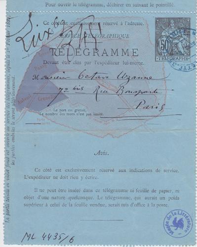 Télégramme de Félicien Rops à Octave Uzanne. [Paris], 0000/04/00. Bruxelles, Archives et Musée de la Littérature, ML/04435/0006