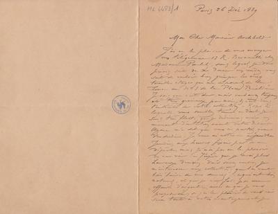 Lettre de Félicien Rops à [Charles] Archbold[-Aspol]. Paris, 1889/12/26. Bruxelles, Archives et Musée de la Littérature, ML/04483/0001