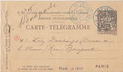 Carte-Télégramme de Félicien Rops à Léon Deschamps. [Paris], 1893/01/18. Paris, Bibliothèque Littéraire Jacques Doucet, MNR/beta/1711