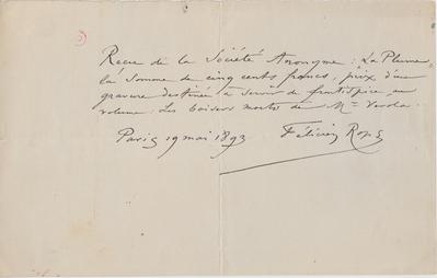 Reçu de Félicien Rops à [Léon] [Deschamps]. Paris, 1893/05/19. Paris, Bibliothèque Littéraire Jacques Doucet, MNR/beta/1712