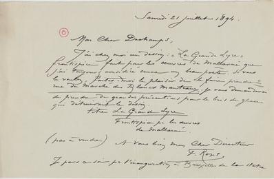 Lettre de Félicien Rops à [Léon] Deschamps. s.l., 1894/07/21. Paris, Bibliothèque Littéraire Jacques Doucet, MNR/beta/1715